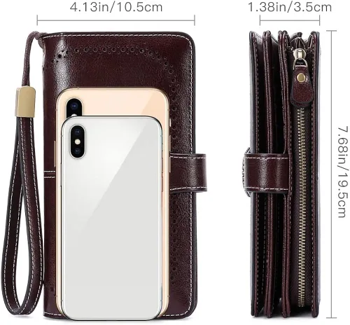 Vista 5 de SENDEFN - Billeteras de cuero genuino para mujer con tarjetero y bloqueo RFID, de gran capacidad y con correa para la muñeca