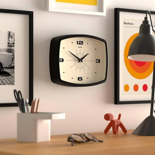Vista 5 de JONES CLOCKS® Reloj de pared de película Reloj retro rectangular 10 pulgadas Negro Elegante diseño de mediados de siglo para cocina, sala