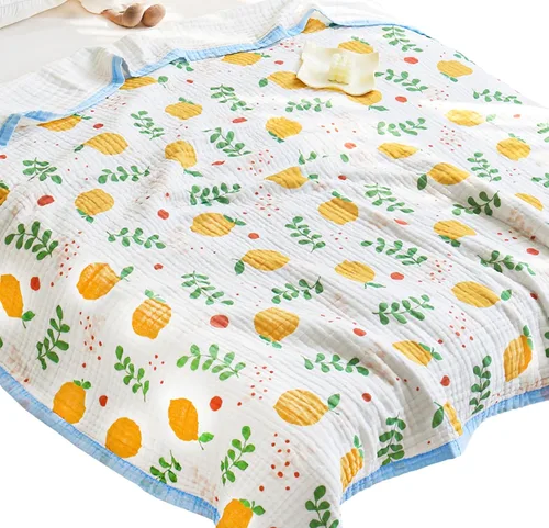Vista 15 de J-pinno Manta reversible de muselina de abeja amarilla, 100% algodón, 6 capas, suave y cálida, para sofá, niños y niñas, con dibujos animados
