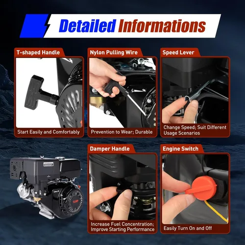 Vista 9 de Motor de gas de un solo cilindro OHV de 4 tiempos de 15HP 420CC con arranque de retroceso (NEGRO)