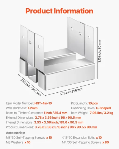 Vista 7 de VEVOR Base de poste de 4 x 4, 10 unidades, tamaño interior de 3.53 x 3.56 pulgadas, anclaje de poste de hormigón de 3.528 x 3.563 in, soportes