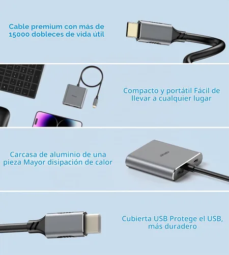 Vista 8 de Adaptador USB C a HDMI Dual 4K@60Hz, 4 en 1 USB C a HDMI Convertidor