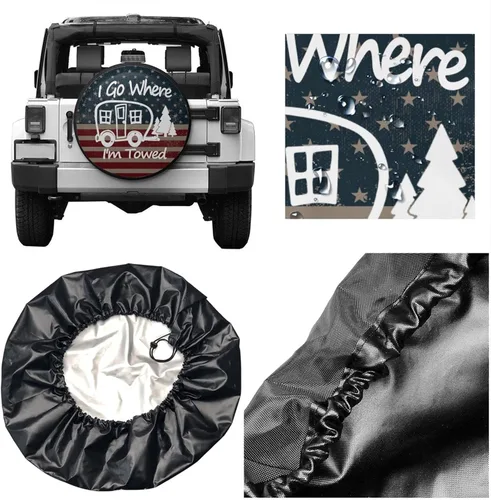 Vista 5 de Cubierta de neumático de bandera americana «I Go Where I'm Towed» impermeable a prueba de polvo universal de 14 pulgadas para rueda de repuesto