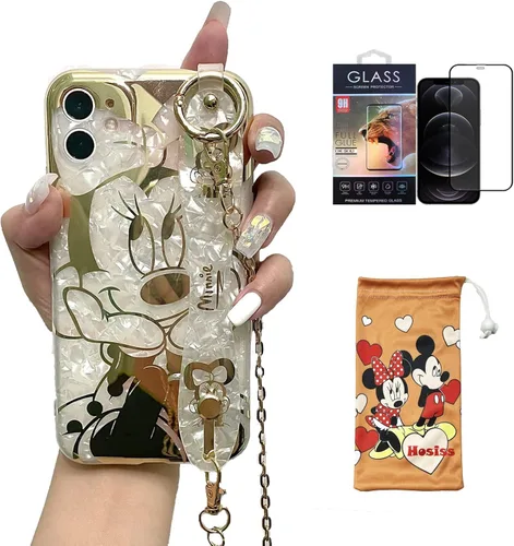 Vista 15 de Funda de dibujos animados para iPhone 15 Pro Max de 6.7 pulgadas con protector de pantalla HD, Mickey Mouse con correa para la muñeca, correa