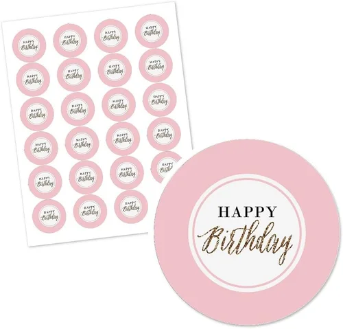 Big Dot of Happiness Chic Happy Birthday - Etiquetas adhesivas circulares para fiesta de cumpleaños, color rosa y dorado, 24 unidades