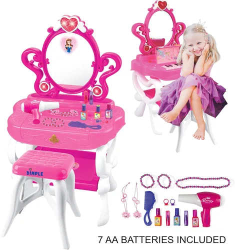 Vista 3 de Juego de tocador de princesas para niñas con 16 accesorios de moda y maquillaje, teclado de piano funcional y luces intermitentes, ideal para niños