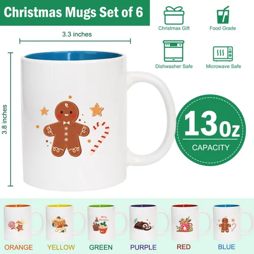 Vista 3 de Juego de 6 tazas de café de Navidad blancas de Navidad, tazas de cerámica duraderas para café, leche, cacao caliente, té, café con leche