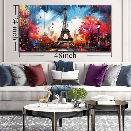 Vista 7 de Lienzo grande para pared, decoración de la torre Eiffel de París, impresión moderna de graffiti azul y rojo, listo para colgar, para sala de estar