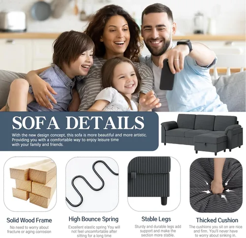 Vista 7 de Meilocar Sofás seccionales para sala de estar, sofá en forma de L con bolsillo lateral de almacenamiento, cómodos sofás de 3 asientos para Gris