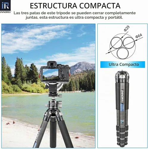 Vista 8 de Trípode de fibra de carbono-INNOREL CT75C - Trípode de viaje portátil profesional compacto para cámara de video digital DSLR, carga de 44.1 lb/20