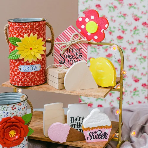 Vista 5 de Cartel de madera gruesa para manualidades de 5-1/4 x 4 pulgadas, paquete de 2 recortes de madera, decoración de bandeja escalonada, letreros