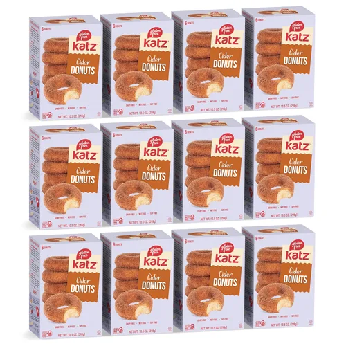 Katz Gluten Free Donas de sidra. Donut de temporada con sabor dulce a sidra de manzana. Recubierto con azúcar de canela. Libre de lácteos, soja y