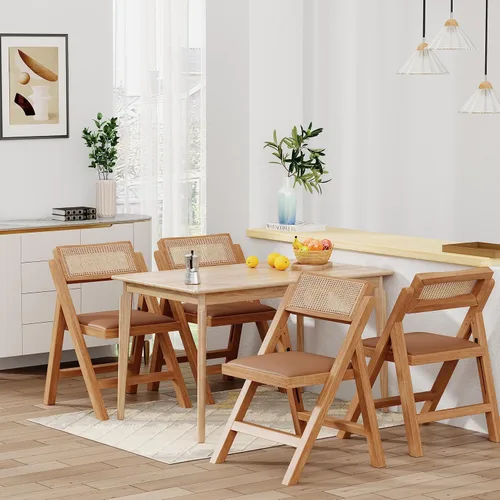 Vista 4 de Juego de 2 sillas de comedor plegables de cocina, sillas de mesa de ratán modernas con silla plegable de cuero de roble para sala de lectura, boda
