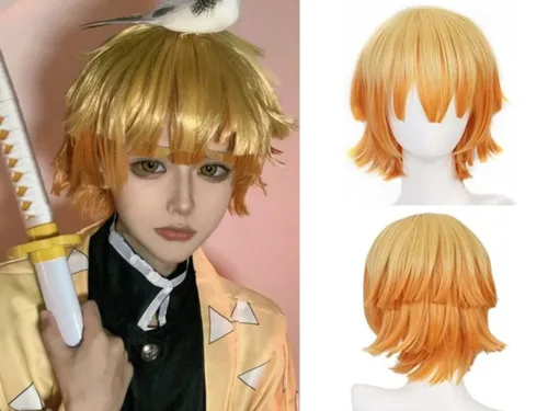 Peluca corta naranja amarilla ombré peluca con flequillo peluca recta en capas para hombres y niños, peluca sintética anime cosplay peluca para