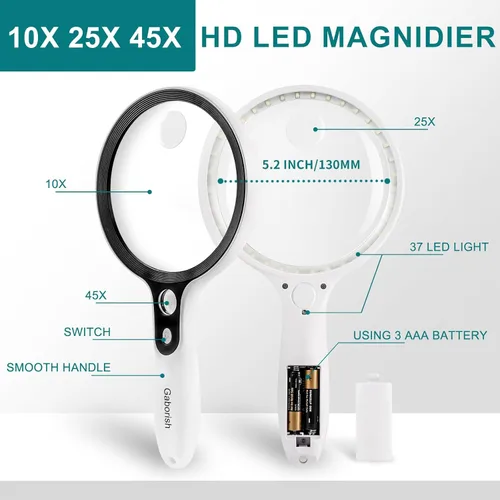 Vista 4 de Lupa grande con 37 luces LED, lupa iluminada de mano con aumento 10X 20X 45X con 3 modos de luz para lectura de personas mayores, inspección