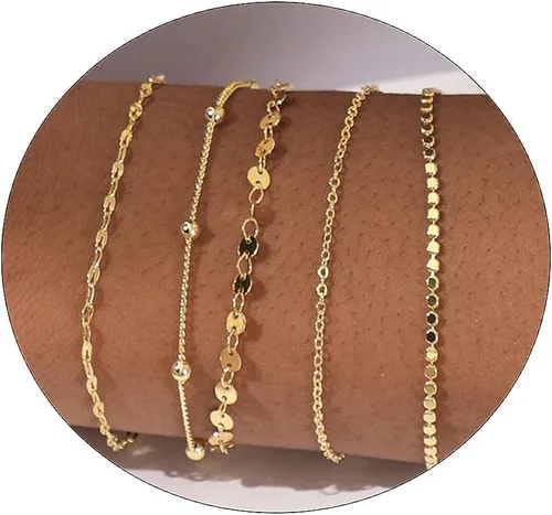 BERISO Juego de pulseras de oro para mujeres y niñas, chapado en oro de 14 quilates, cadena de clip de eslabones cubanos ajustables, juego de