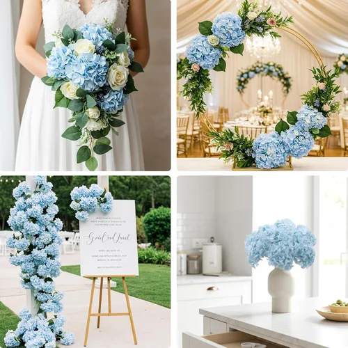 Vista 5 de Auihiay 46 piezas de flores artificiales de hortensia de seda con tallo, flores artificiales azules de hortensia para centro de mesa de boda DIY