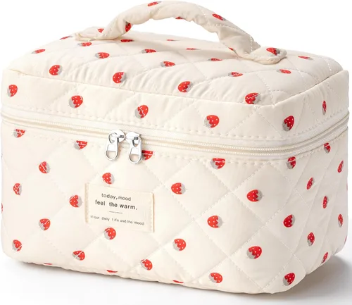 Vista 10 de HBselect Bolsa de Maquillaje Acolchada, Bolsa de Maquillaje Grande de Algodón para Viaje, Lindas Bolsas de Maquillaje con Flores Coquette, Bolsas