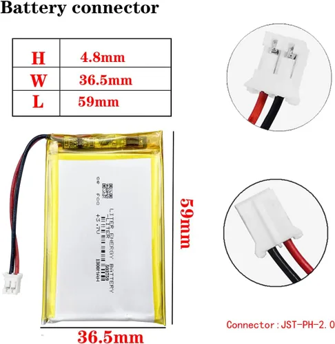 Vista 2 de Liter 3.7V 1300mAh 503759 Lipo Batería recargable de iones de polímero de litio con conector JST 0.079 in