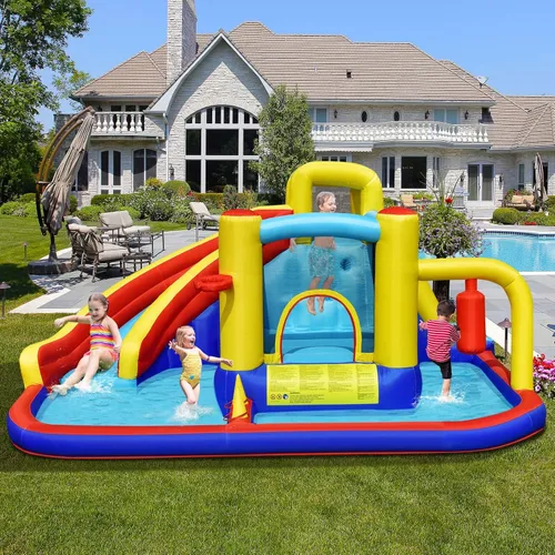Vista 3 de BOUNTECH Tobogán acuático inflable, castillo de salto de parque acuático para niños con gran piscina de salpicaduras, 2 paredes de escalada