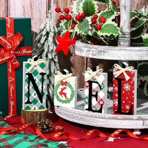 Vista 3 de Decoraciones navideñas de madera de Noel, 4 piezas de decoración rústica de mesa de Navidad, mesa independiente de Navidad, mesa de centro de mesa