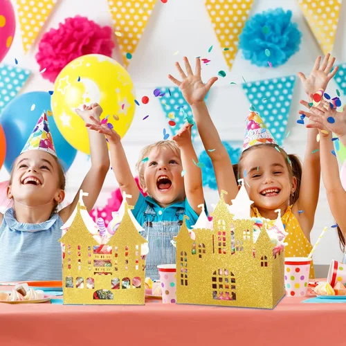 Vista 7 de Caja dorada de castillo de princesa de 24 piezas, decoración de fiesta de cumpleaños de princesa, centro de mesa de castillo dorado, suministros