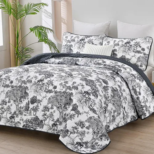 Vista 14 de WONGS BEDDING Juego de edredón azul tamaño individual, juego de 2 piezas de colchas botánicas de microfibra ligera con patrón de plantas de toile