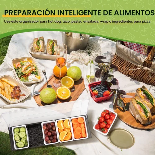 Vista 6 de Bandeja con tapa para frutas, verduras y condimentos con estación de guarnición para bartending y servicio de tacos (2, 3 compartimentos)