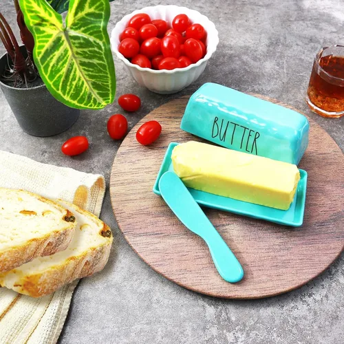 Vista 3 de TP Mantequillera con tapa, soporte para mantequilla de melamina para encimera con cuchillo, recipiente para mantequilla con tapa, irrompible