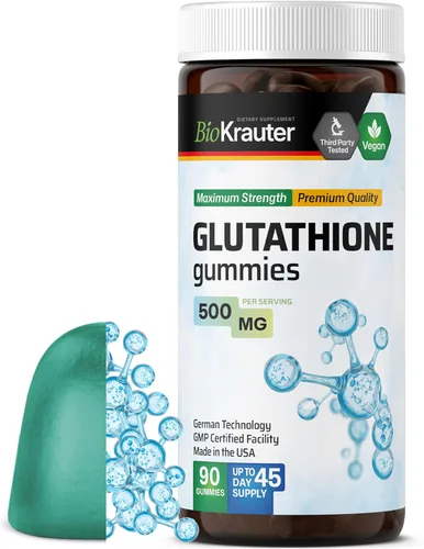 BIO KRAUTER® Suplemento de glutatión para la piel y apoyo antioxidante, gomitas de glutatión de 500 mg para una piel clara y belleza, 90 gomitas,
