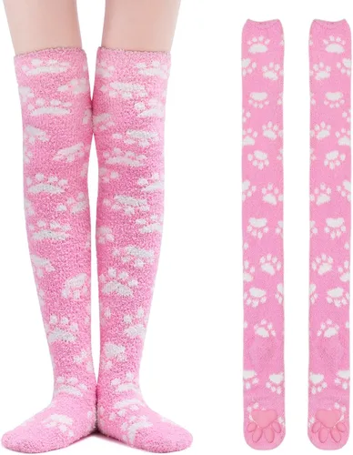 Littleforbig Knee HighThigh High Cosplay 3D Paw Pad Silicone Kitten Over The Knee Coral Fleece Socks 22 Colors