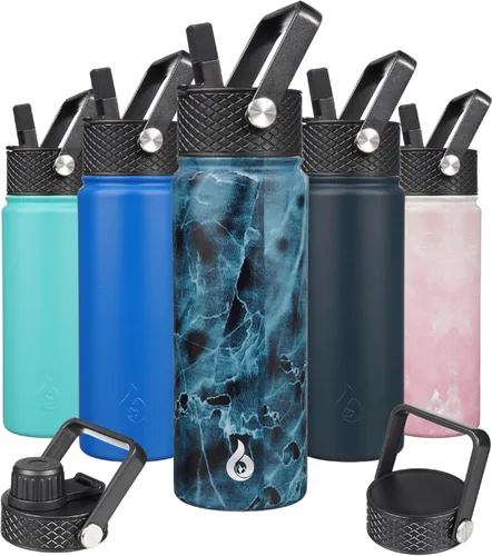 Vista 84 de BJPKPK - Botellas de agua aisladas con tapa con popote, botella grande de metal de 32 onzas con 3 tapas, termo reutilizable sin fugas y sin BPA