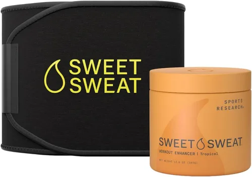 Sports Research Paquete de reductor de cintura Sweet Sweat (negro/amarillo, pequeño) + tarro de gel 'Workout Enhancer' de 13.5 onzas (aroma tropical)