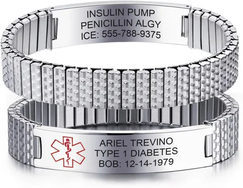 Vista 13 de Pulsera extensible de identificación para alerta médica, de acero inoxidable, unisex, para hombre y mujer (grabado gratuito)