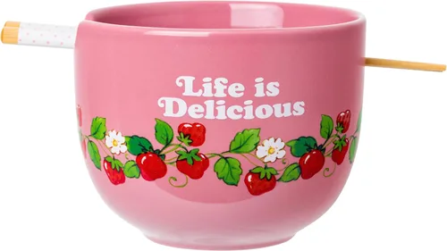 Vista 2 de Silver Buffalo Strawberry Shortcake - Tazón de cerámica vintage para ramen con palillos, apto para microondas, 20 onzas