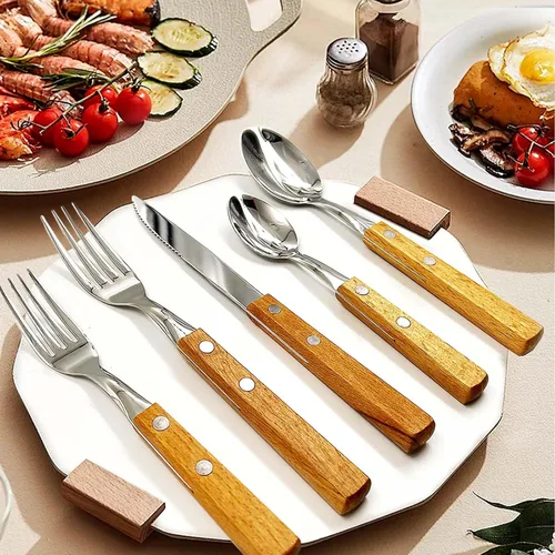 Vista 5 de Daily Treasures Juego de utensilios para el hogar con mango de madera, 40 piezas de cubiertos de acero inoxidable para 8 personas, tenedor
