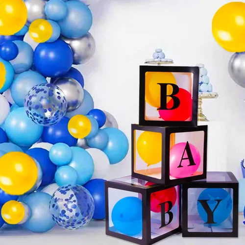 Vista 7 de CJT Cajas de bebé con letras para bebé y fiesta de cumpleaños, 4 piezas, fondo de caja de globo transparente negro