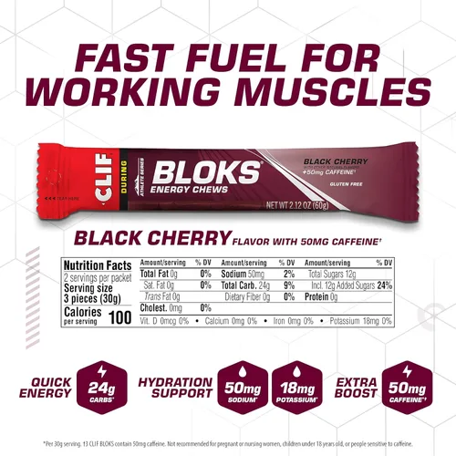 Vista 2 de CLIF BLOKS - Sabor a Cereza Negra con Cafeína - Gomitas Energéticas - Sin OMG - A Base de Plantas - Combustible Rápido para Ciclismo y Carrera