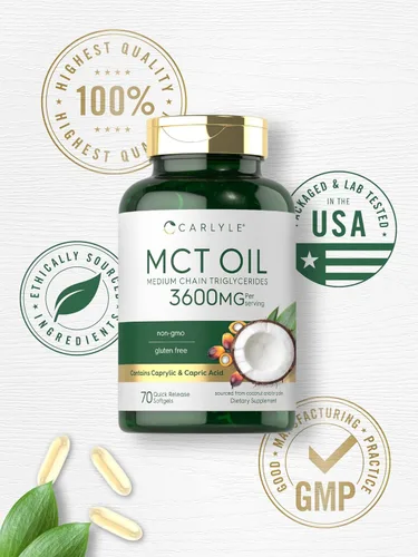 Vista 6 de Carlyle Cápsulas de aceite MCT 3600 mg 70 cápsulas blandas Aceite de coco Keto con ácido caprílico y cáprico Suplemento sin OMG y sin