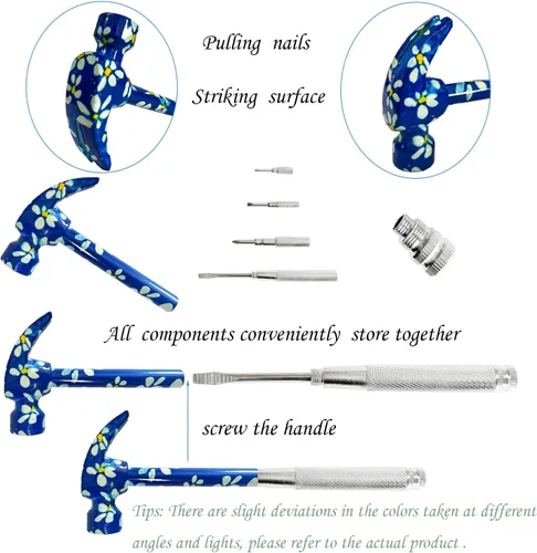 Vista 3 de Herramienta multifuncional 6 en 1 con martillo floral y destornillador, martillo multiherramienta para camping, clavos y tachuelas, pequeña Púrpura