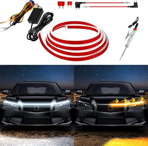 Vista 11 de Tira de luz LED para capó exterior de coche, kit de haz de arranque de escaneo dinámico de doble color, luces de circulación diurna LED blancas