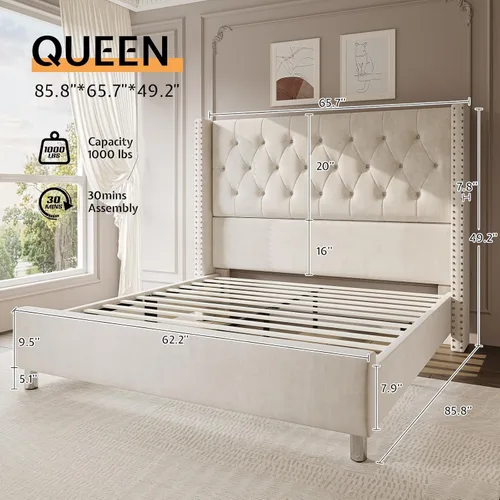 Vista 19 de Jocisland Base de cama tapizada de terciopelo tamaño King, con plataforma capitoné de perfil bajo, cabecera con alas elevadas, soporte de listones