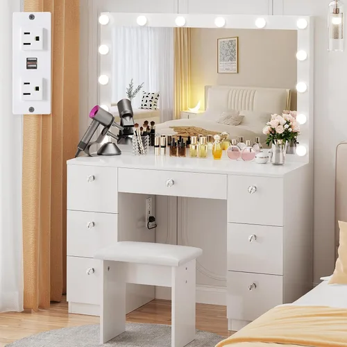 Vista 11 de VOWNER Tocador con espejo iluminado: escritorio de maquillaje con parte superior de vidrio con 7 cajones y toma de corriente, 3 modos de iluminación