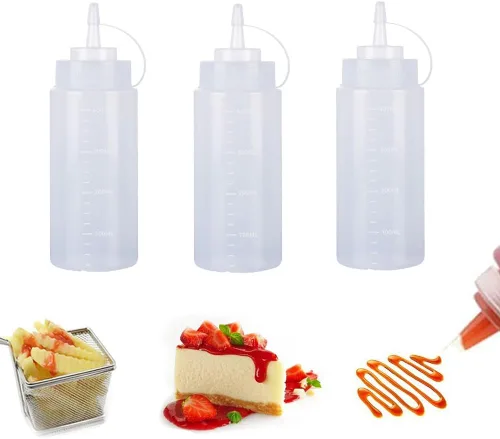 Vista 16 de Botellas de plástico de 3 colores de 12 onzas, botellas para apretar condimentos, botella multiusos para salsa de tomate, aceite, mermelada, salsa