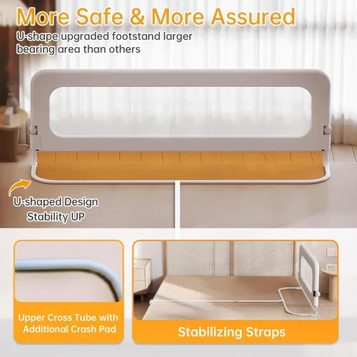 Vista 6 de Barandilla protectora para cama de bebé para niños pequeños, altura ajustable de 78.7 pulgadas, barandilla de cama abatible, barandilla lateral