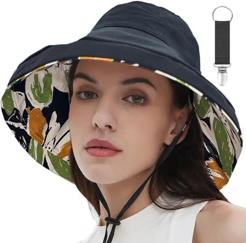 Vista 26 de vidsel Sombreros de sol para mujer, de ala ancha, reversible, de algodón, plegable, de verano, con clip para sombrero, protección UV Beige