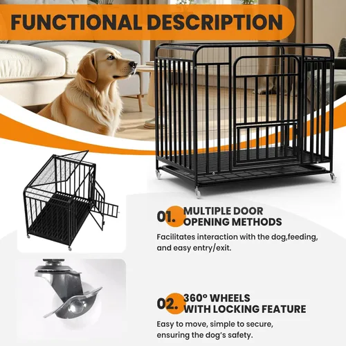 Vista 4 de 42 inch Heavy Duty Indestructible Dog Crate, Escape Proof Dogs Cage Kennel with Lockable Wheels,High Anxiety Front, Top and Feeding Doors,Extra