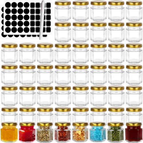 BIGIVACA Mini tarros de miel de 1.5 onzas, paquete de 48 tarros hexagonales de vidrio con tapas doradas para recuerdos de boda, recuerdos de fiesta,