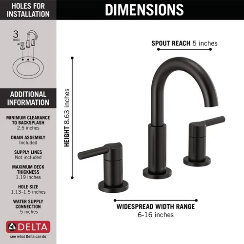 Vista 7 de Delta Faucet Nicoli - Grifo de baño de 3 agujeros, negro mate, 35749LF-BL