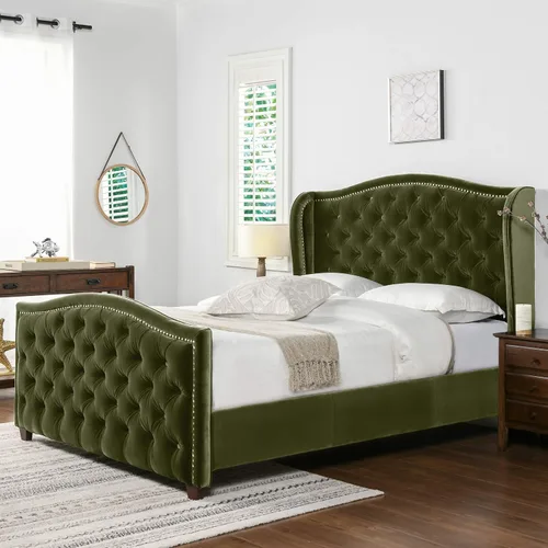 Vista 3 de Jennifer Taylor Home - Cama Anastasia de tamaño Queen de terciopelo resistente en color verde oliva Terciopelo de rendimiento verde oliva